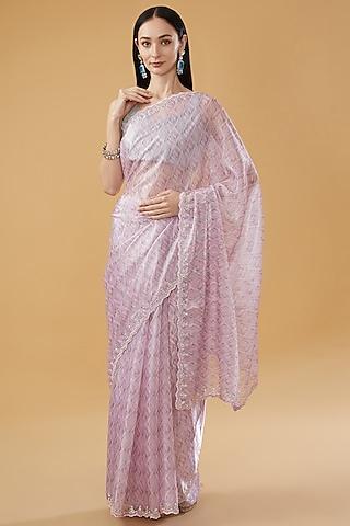 pink silk tissue blend digital printed & swarovski embellished saree set