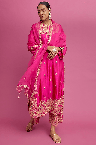pink silk zardosi embroidered kurta set
