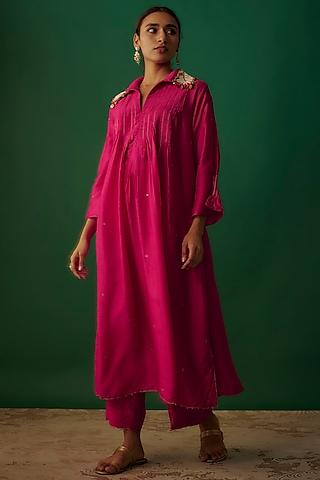 pink silk zardosi embroidered pintuck kurta set