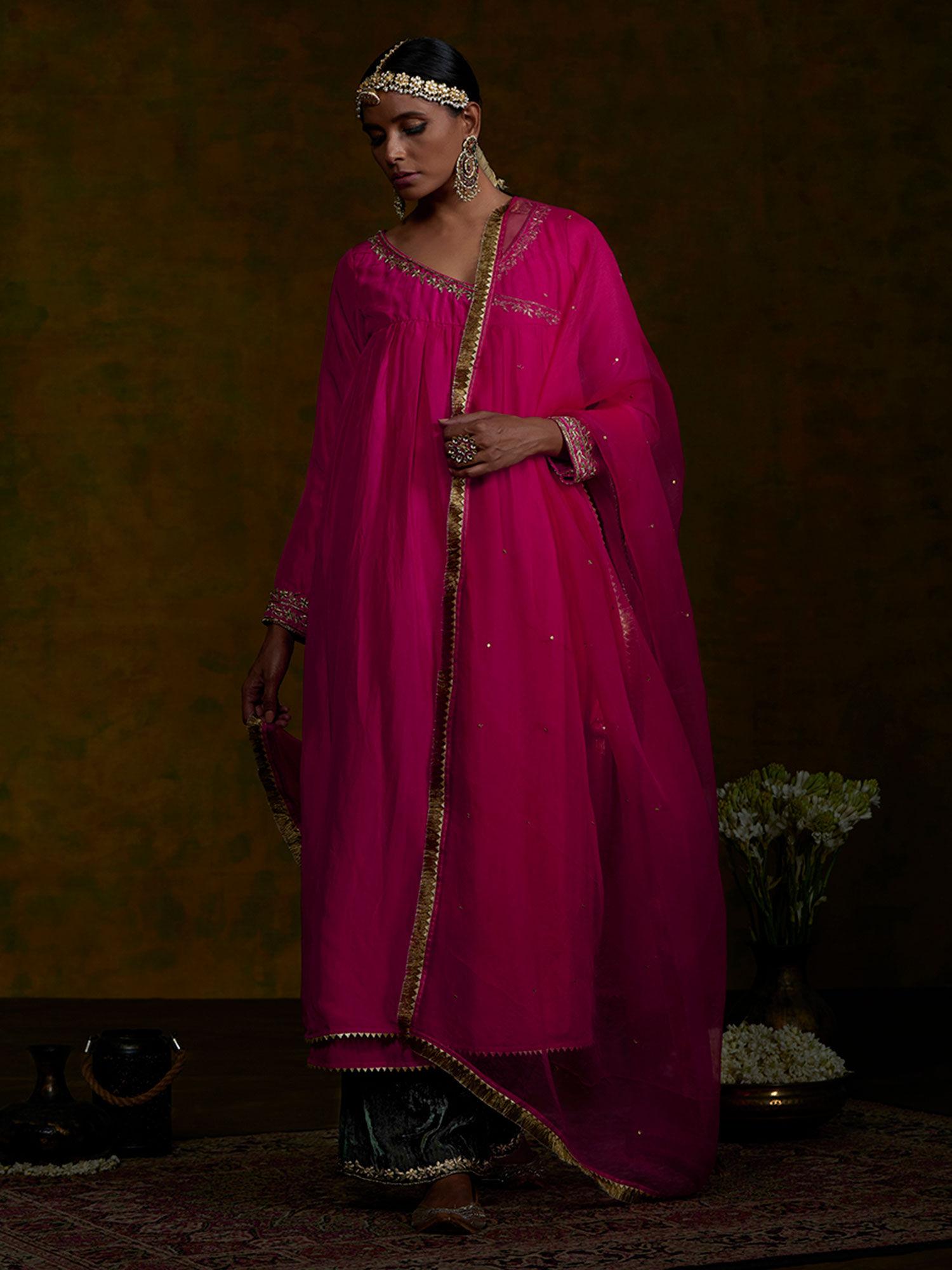 pink silk zardozi work angrakha with green dupatta (set of 3)