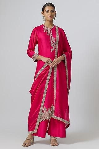 pink silk zari embroidered kurta set