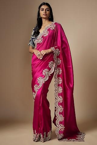 pink silk zari embroidered saree set