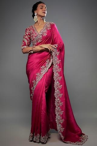 pink silk zari embroidered saree set