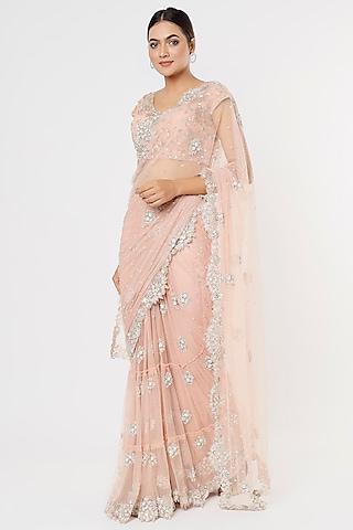 pink silver embroidered saree set