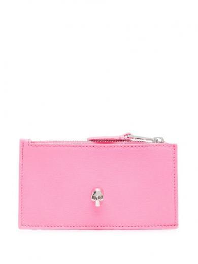 pink skull zipped leather credit card case