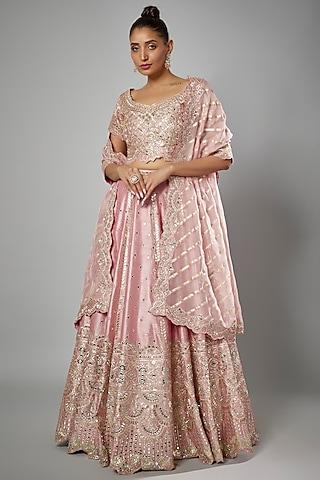 pink slub silk embroidered lehenga set