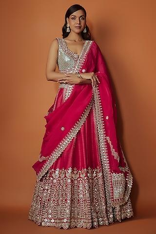 pink slub silk mirror embroidered lehenga set