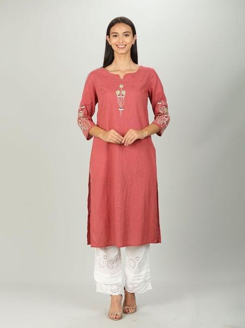 pink slub textured embriodered kurti