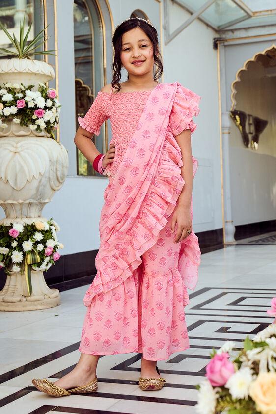 pink smocking floral stitched saree
