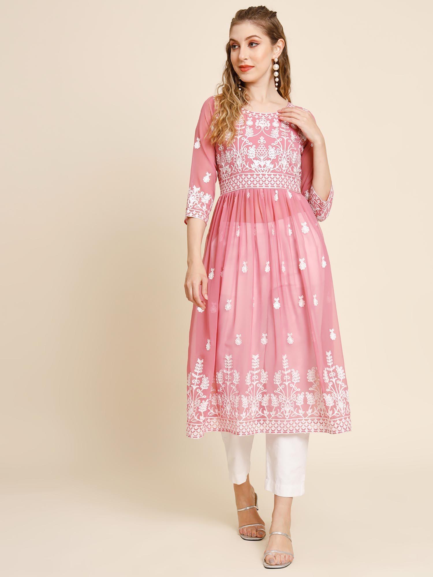 pink soft georgette embroidery work anarkali kurta