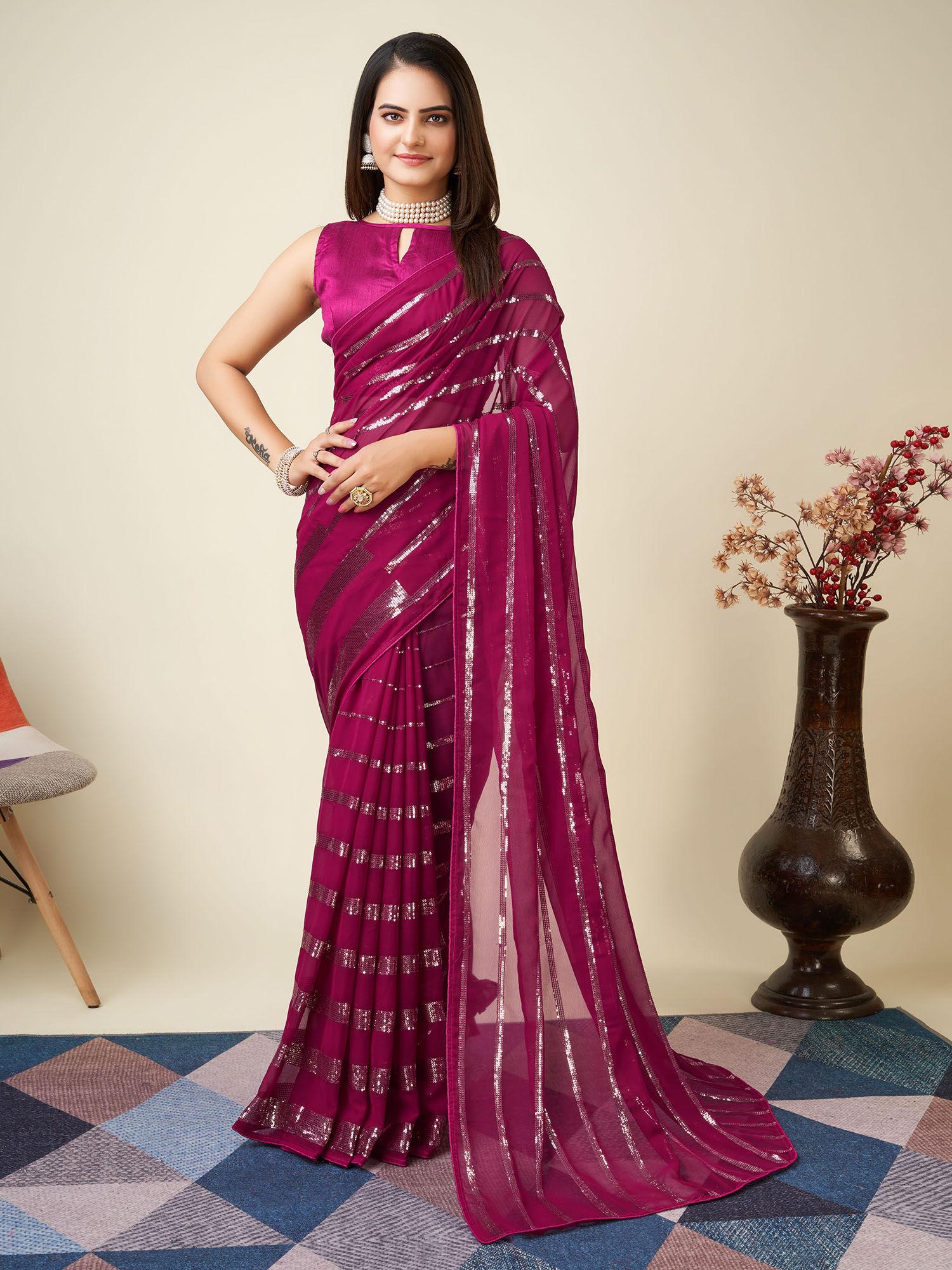 pink soft georgette sequined saree & mono banglory with unstitched blouse