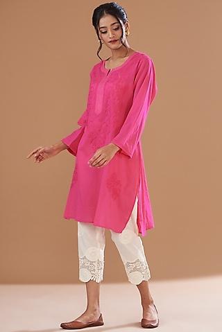 pink soft mulmul lucknowi kurta set