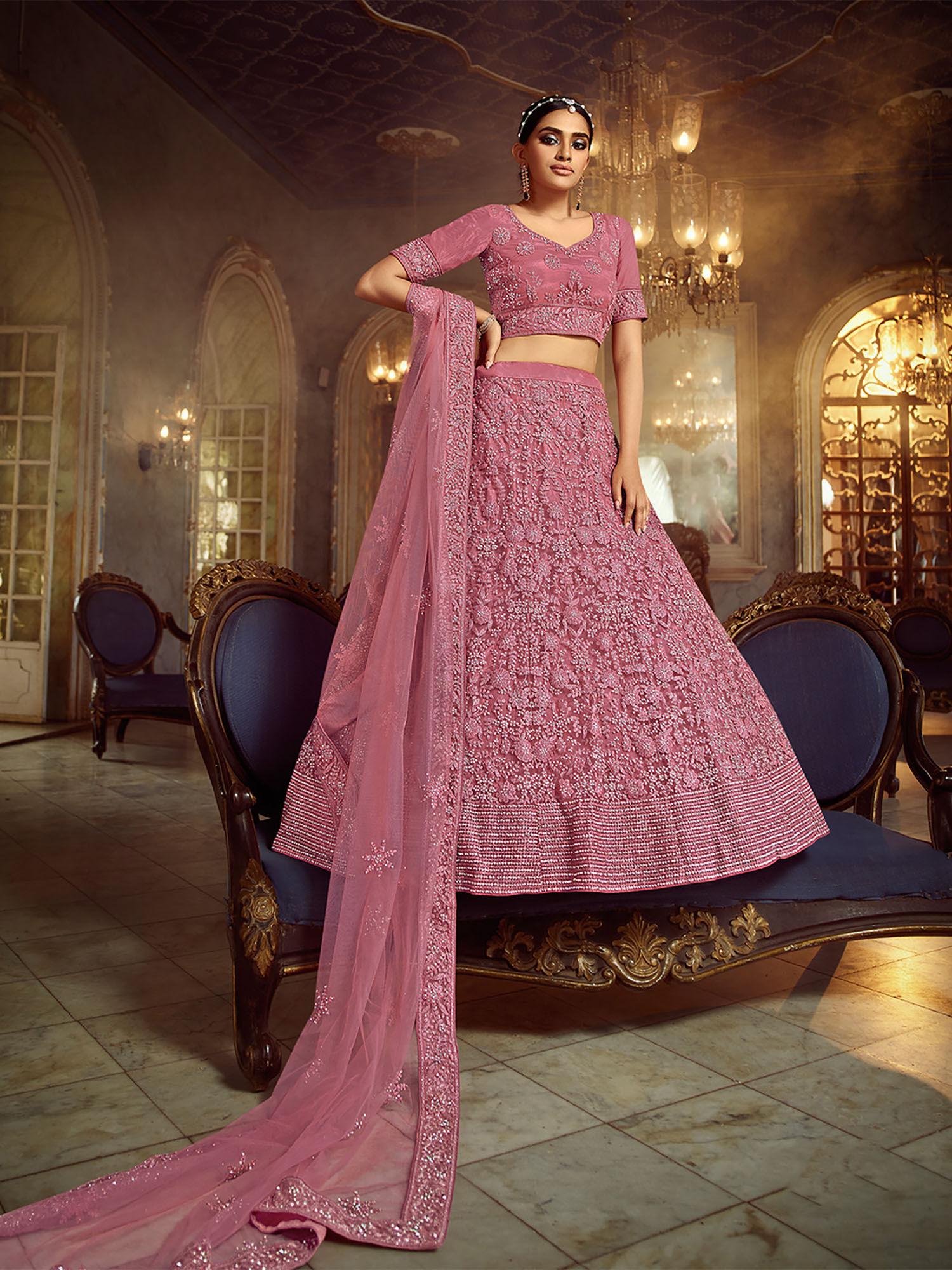 pink soft net semi stitched lehenga with unstitched blouse (set of 3)