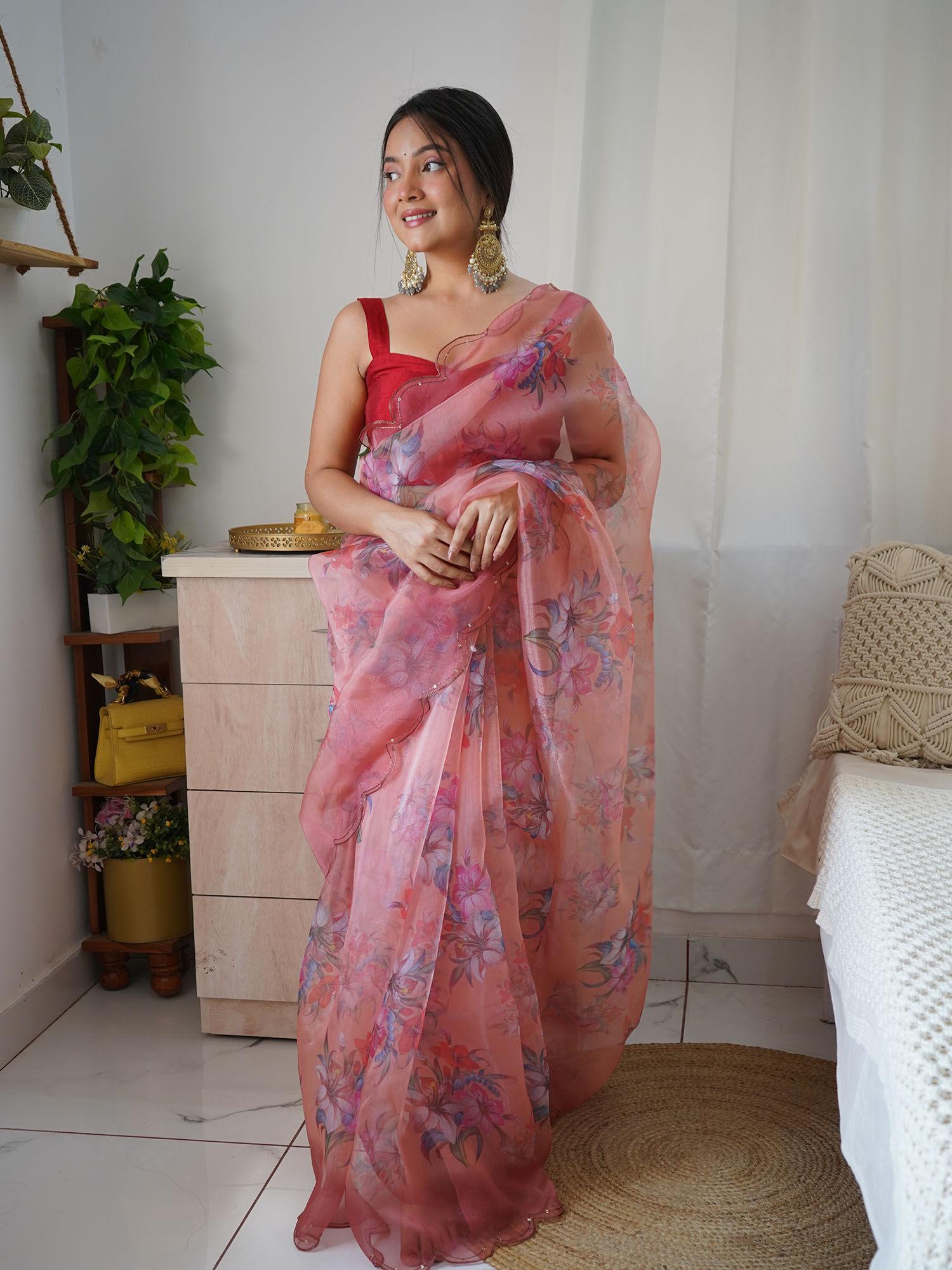 pink soft organza embroidery saree and soft banglory silk unstitched blouse