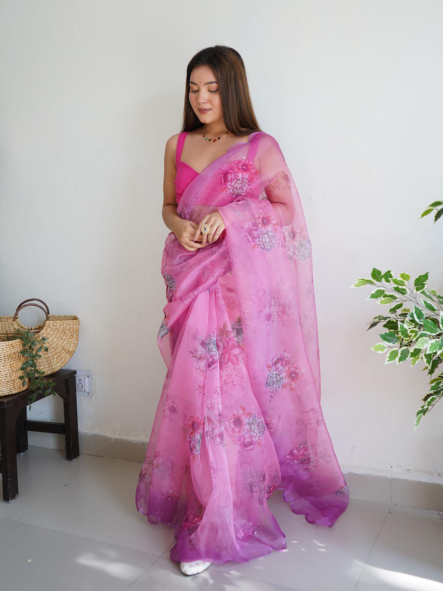 pink soft organza embroidery saree and soft banglory silk unstitched blouse