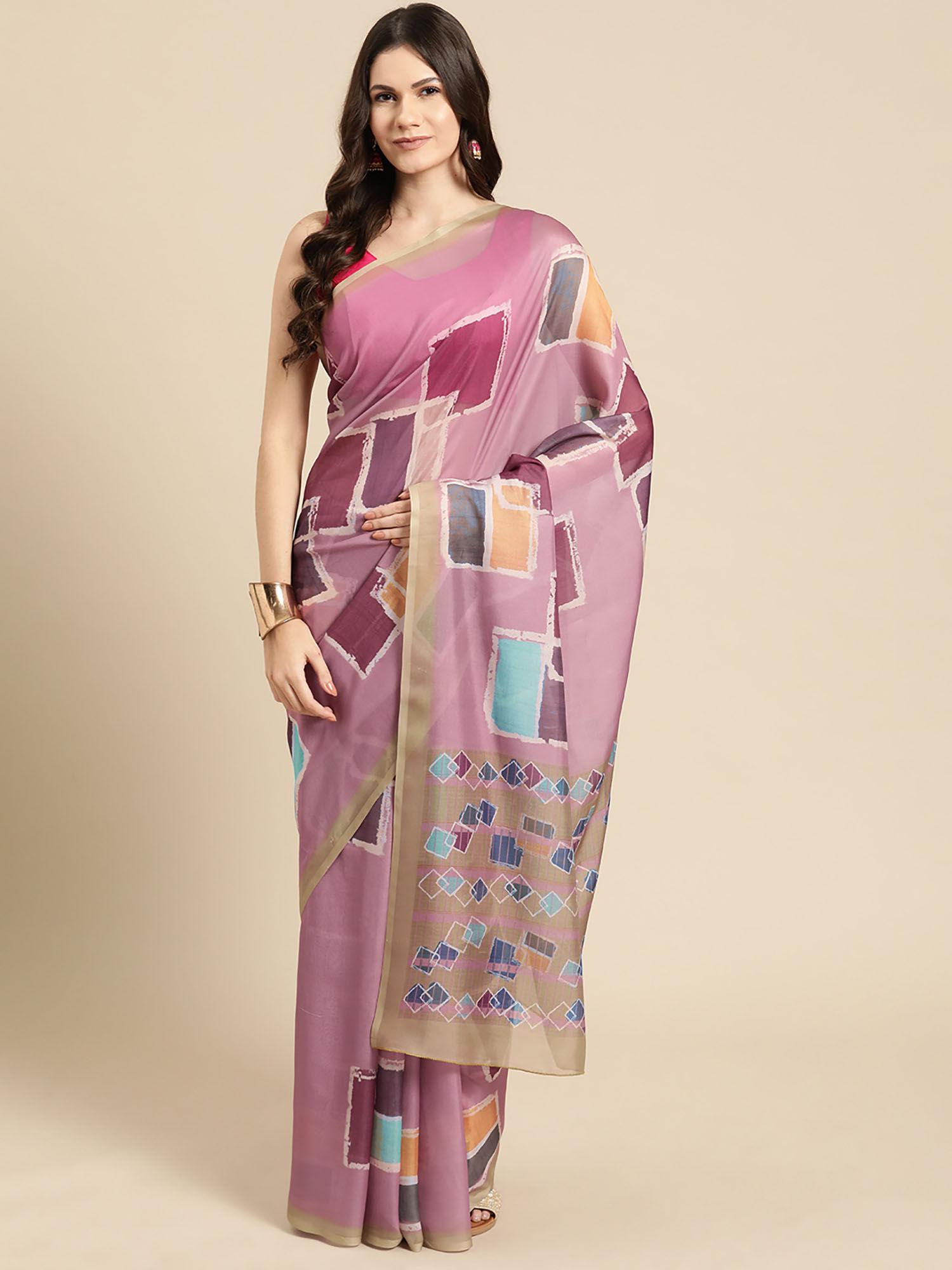 pink soft silk color blocked digital printed saree with unstitched blouse