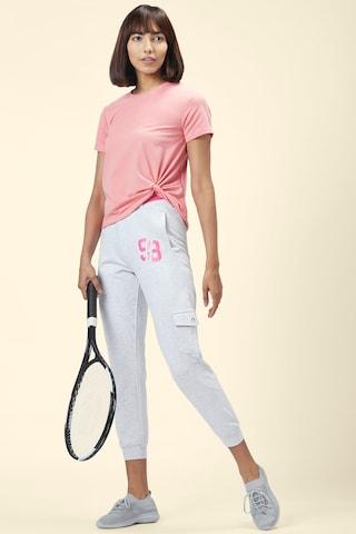 pink solid active wear half sleeves round neck women regular fit top