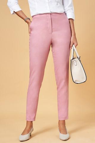 pink solid ankle-length  formal women tapered fit  trousers