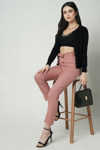 pink solid ankle-length casual women comfort fit trousers