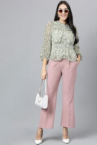 pink solid ankle-length casual women regular fit trousers