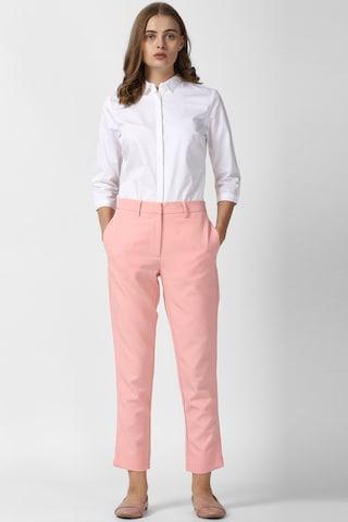 pink solid ankle-length formal women slim fit trousers