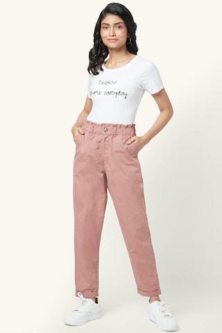 pink solid ankle-length high rise casual women comfort fit trousers