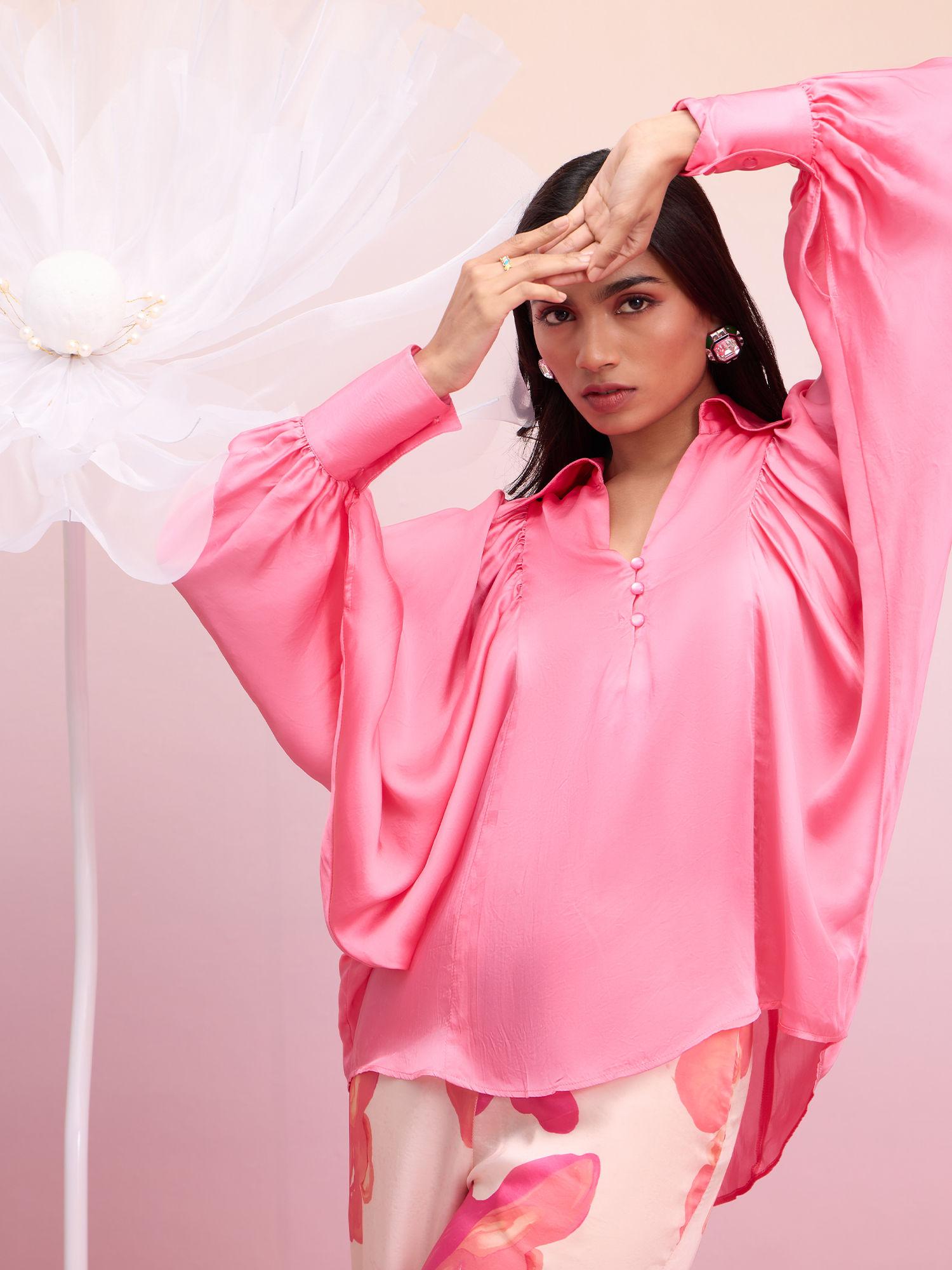 pink solid batwing sleeves collared oversized satin top