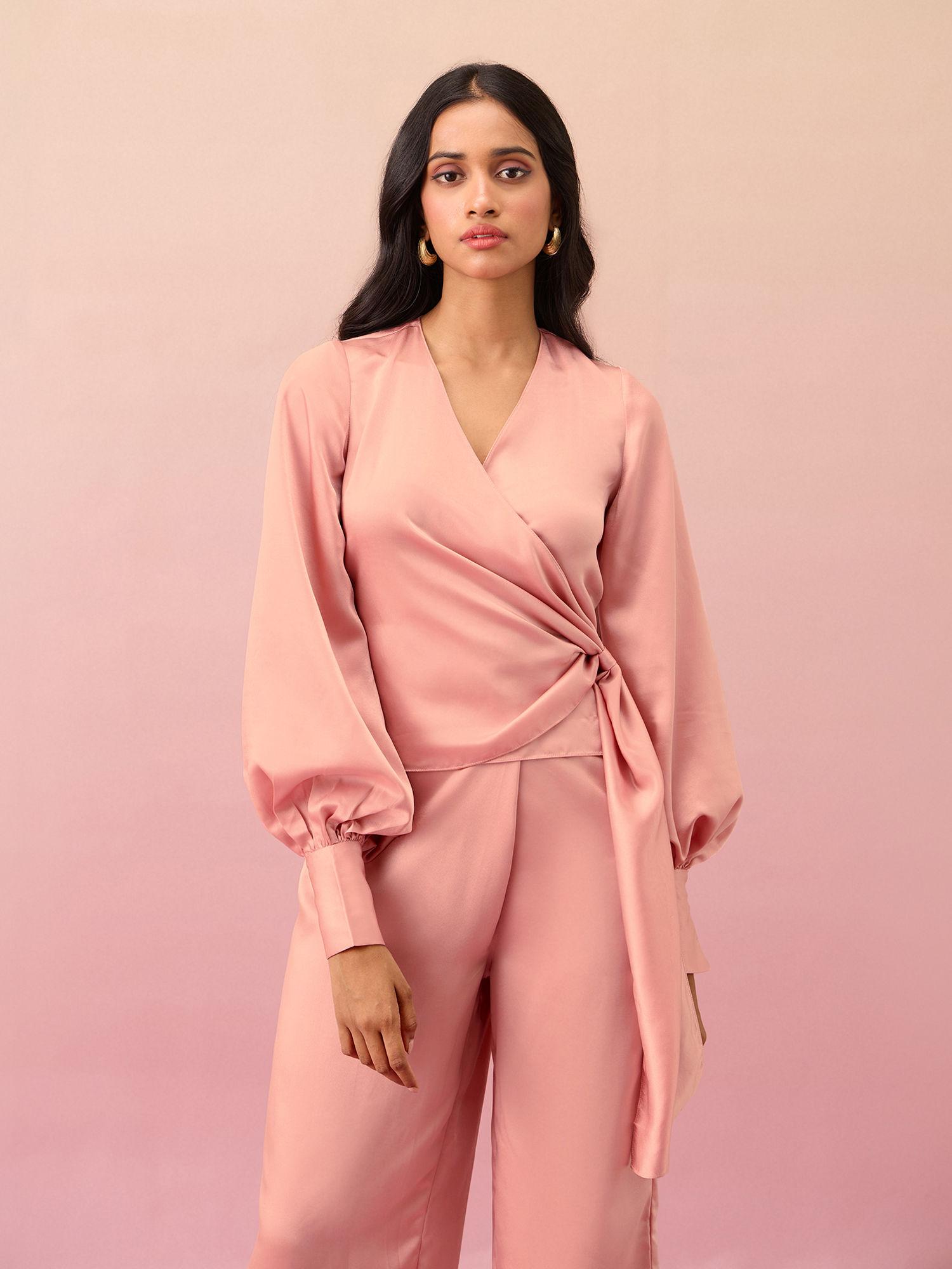 pink solid bishop sleeves satin wrap top