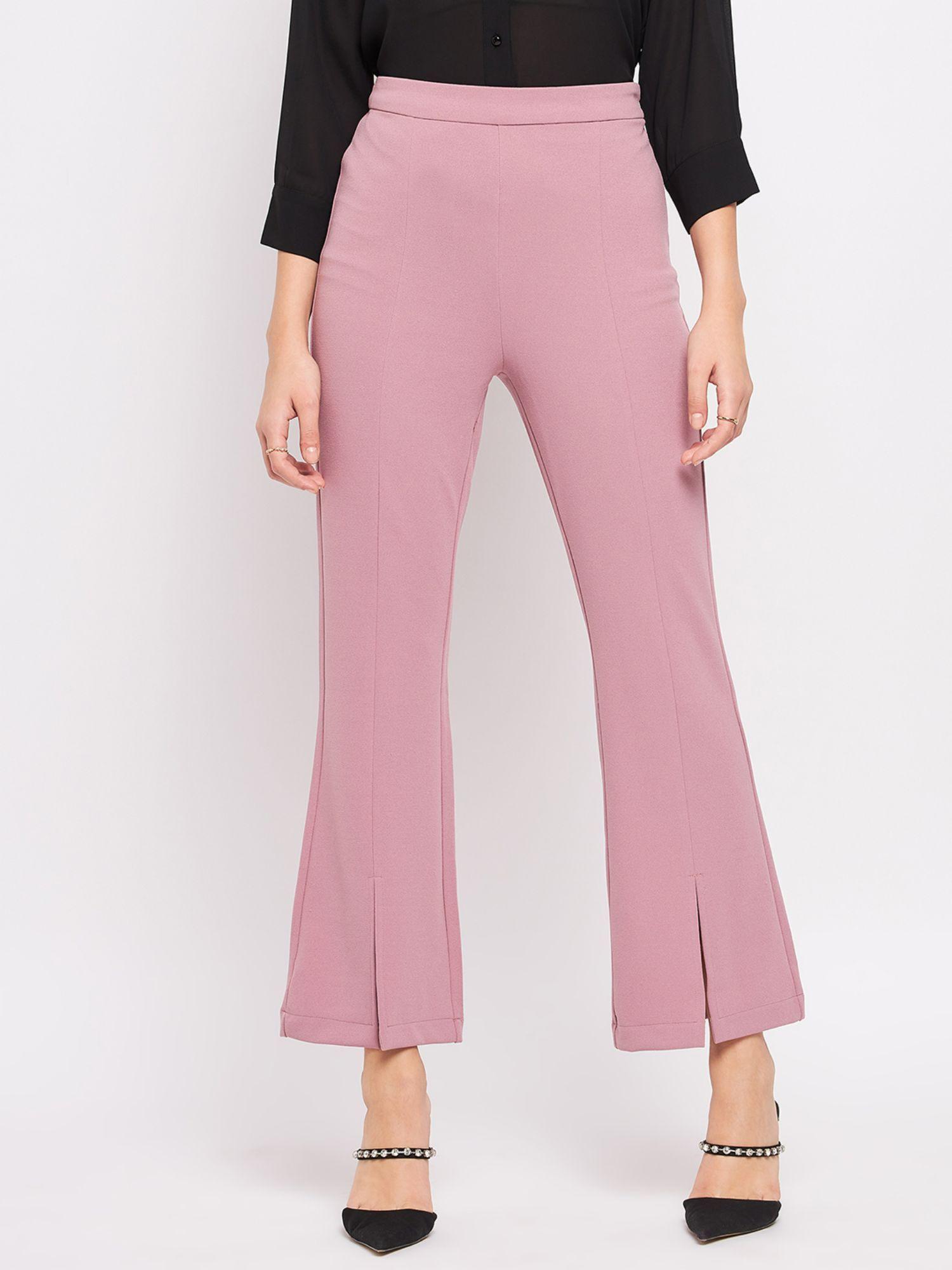 pink solid boot cut fit trousers