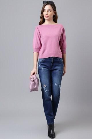 pink solid casual 3/4th sleeves boat neck women classic fit sweater