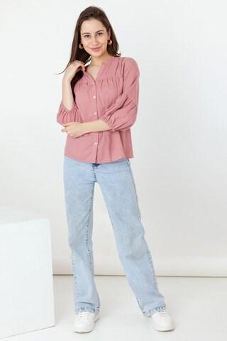 pink solid casual 3/4th sleeves mandarin women regular fit top