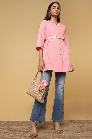 pink solid casual 3/4th sleeves round neck women flared fit tunic