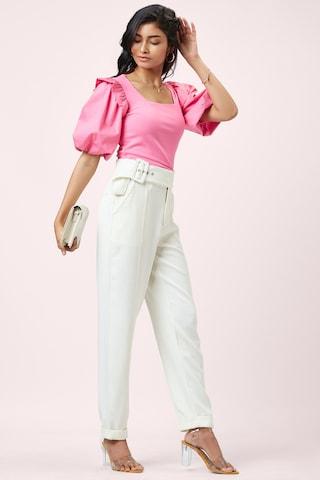 pink solid casual elbow sleeves square neck women slim fit top