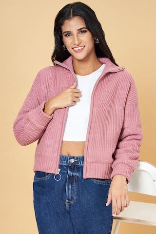 pink solid casual full sleeves collar neck women slim fit  cardigan