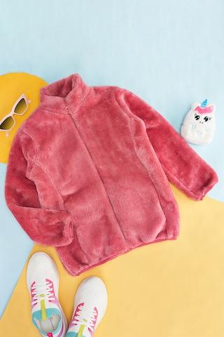 pink solid casual full sleeves high neck girls regular fit jackets