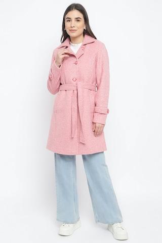 pink solid casual full sleeves regular collar women classic fit overcoat