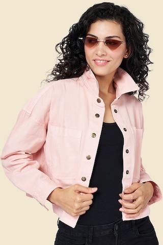 pink solid casual full sleeves regular collar women relaxed fit jacket