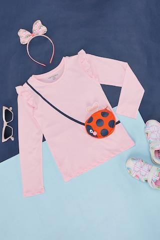 pink solid casual full sleeves round neck girls regular fit  top