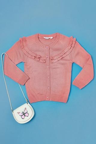 pink solid casual full sleeves round neck girls regular fit sweater