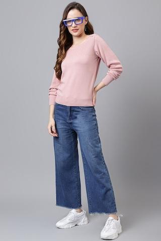pink solid casual full sleeves round neck women classic fit sweater