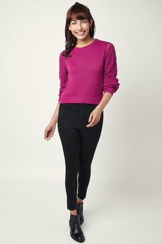 pink solid casual full sleeves round neck women comfort fit sweater