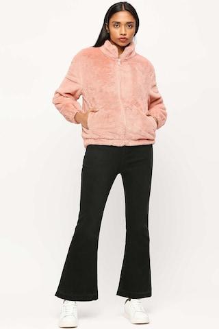 pink solid casual full sleeves turtle neck women comfort fit jacket