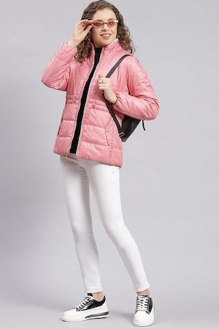 pink solid casual full sleeves turtle neck women regular fit jacket