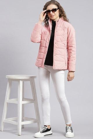 pink solid casual full sleeves turtle neck women regular fit jacket