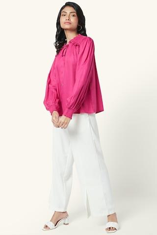 pink solid casual full sleeves v neck women oversized fit top
