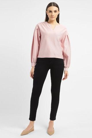 pink solid casual full sleeves v neck women regular fit t-shirt