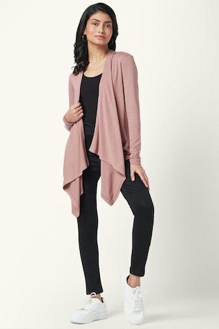 pink solid casual full sleeves women regular fit shrug