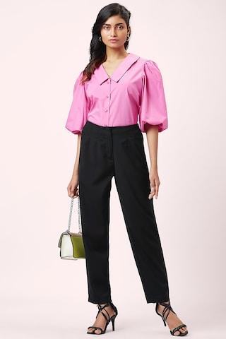 pink solid casual half sleeves regular collar women regular fit shirt