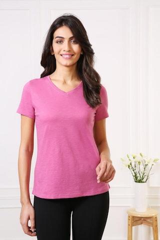 pink solid casual half sleeves round neck women regular fit t-shirt