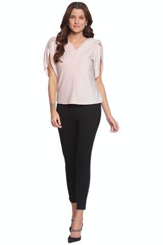 pink solid casual half sleeves v neck women regular fit top